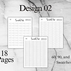 May include: Three white swatch test sheets with 60, 90, and 120 swatches each. The text "Design 02", "18 Pages", and "60, 90, and 120 Swatches" are also visible. The sheets are on a marble background.