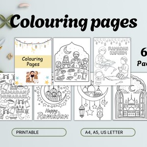 May include: A set of 65 printable coloring pages featuring Islamic themes. The pages include images of mosques, crescent moons, lanterns, and people celebrating Ramadan. The text "Ramadan Mubarak!" and "Happy Ramadan" are included on some of the pages. The pages are designed to be printed on A4, A5, or US Letter size paper.