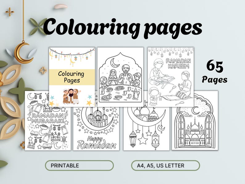 May include: A set of 65 printable coloring pages featuring Islamic themes. The pages include images of mosques, crescent moons, lanterns, and people celebrating Ramadan. The text "Ramadan Mubarak!" and "Happy Ramadan" are included on some of the pages. The pages are designed to be printed on A4, A5, or US Letter size paper.