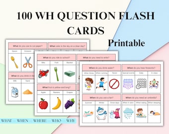 100 tarjetas didácticas con preguntas de WH, preguntas de qué, cuándo, dónde, quién y por qué para niños, preguntas de WH en inglés como segundo idioma, tarjetas didácticas para logopedia, tarjetas de tareas sobre funciones.