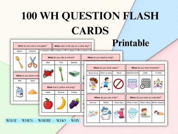 100 WH Question Flash Cards , What When Where Who Why Questions for Kids, ESL WH Questions, Speech Therapy Flashcards, Functions Task Cards