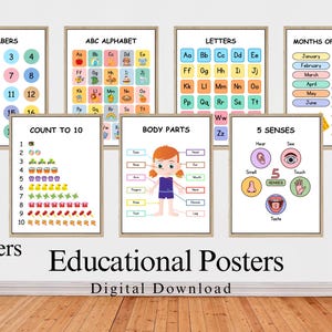 Posters éducatifs pour enfants | 37 tableaux d'apprentissage imprimables pour le préscolaire et la maternelle | Décoration d'école à la maison | Affiche ABC Salle de jeux