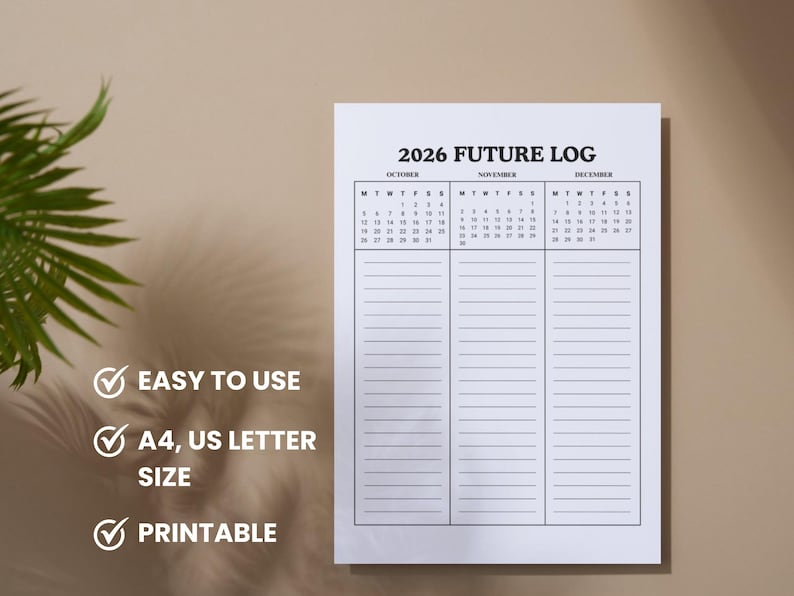 May include: A white 2026 Future Log printable planner with calendar months October, November, and December. The planner is A4 and US Letter size. The text "EASY TO USE" and "PRINTABLE" are also visible.