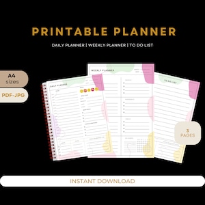 May include: Printable planner with three pages: a daily planner, a weekly planner, and a to-do list. The pages are decorated with pastel pink, yellow, and green abstract shapes and emoticons. The planner is available in A4 size and in PDF and JPG formats.