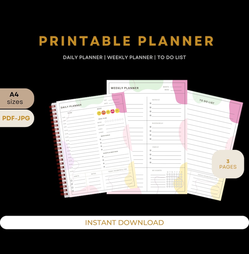 Op de afbeelding: Een printbare planner met drie pagina's: een dagplanner, een weekplanner en een to-dolijst. De pagina's zijn versierd met pastelroze, gele en groene abstracte vormen en emoticons. De planner is verkrijgbaar in A4-formaat en in PDF- en JPG-formaten.