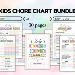 May include: A 30-page kids chore chart bundle featuring editable A4 templates. The collection includes an allowance chart, weekly chore chart, daily checklist, and before bed routine, all with colorful pastel headers and organized task grids.