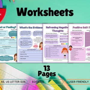May include: A set of 13 printable worksheets for kids to help them learn about reframing negative thoughts, positive self-talk, and identifying facts vs. feelings. The worksheets are colorful and feature illustrations of children. The text on the worksheets includes the titles "Fact or Feeling?", "What's the Evidence", "Reframing Negative Thoughts", and "Positive Self-Talk".
