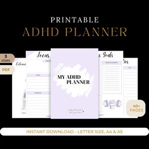 May include: Printable ADHD planner with a purple and white design. The cover features the text "My ADHD Planner" and a white brushstroke. The planner includes sections for focus, goals, and tasks. It is available in three sizes: letter, A4, and A5. The planner has over 40 pages.