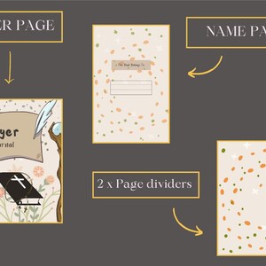 以下が含まれることがあります： 「Prayer Journal」のタイトルが付いた表紙、名前ページ、2つのページ仕切りを備えた祈りの日記のイラストレイアウト。表紙にはペンと花の要素があります。ページは、カラフルな紙吹雪のあるベージュの背景です。