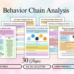 Pode incluir: Um conjunto de folhas de trabalho imprimíveis para análise de cadeia de comportamento. As folhas de trabalho são coloridas e apresentam uma variedade de prompts e exercícios. O conjunto inclui 30 páginas e é projetado para ser amigável.
