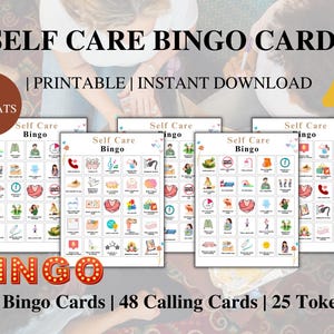 Bingospel zelfzorg, 30 bingokaarten met visitekaartjes en penningen, zelfzorguitdaging, zelfliefdesuitdaging, zelfzorgbingo geestelijke gezondheid
