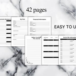 May include: A journal with 42 pages, featuring sections for electronic devices, pet information, and financial details. The pages are black and white with the text "Easy to Use" and "Before You Read This Journal".