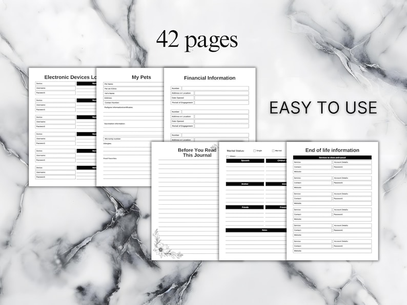 May include: A journal with 42 pages, featuring sections for electronic devices, pet information, and financial details. The pages are black and white with the text "Easy to Use" and "Before You Read This Journal".