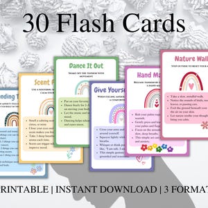 May include: A set of 30 printable flash cards with colorful illustrations and text. The cards feature grounding techniques, such as taking deep breaths, dancing, and nature walks. The text on the cards includes phrases like "Grounding Techniques", "Scent Focus", "Dance It Out", "Give Yourself a Comforting Hug", "Hand Massage", and "Nature Walk".
