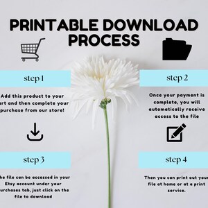 May include: An infographic titled PRINTABLE DOWNLOAD PROCESS featuring a white flower in the centre. It outlines four steps with icons: a shopping cart, a folder, a download arrow, and a pencil. Text explains the purchase, access, and printing steps.