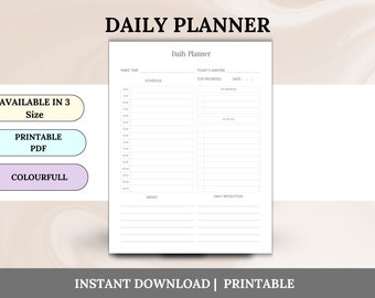 Printable Daily Hourly Planner, Daily Planner, Productivity Planner, Daily Agenda, To do list, Work From Home Planner