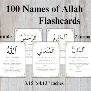 99 namen van Allah afdrukbare flashcards – Esmaul Husna met Arabische kalligrafie, betekenissen en dua’s – digitale download