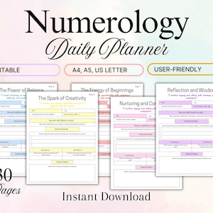 Può includere: Pianificatore giornaliero di numerologia stampabile con 30 pagine. Il pianificatore presenta uno schema di colori rosa, giallo e blu e include sezioni per la riflessione, la creatività e l'equilibrio.