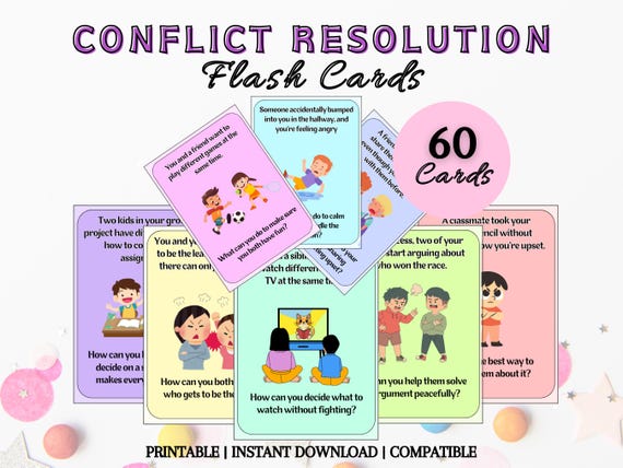 Conflict resolution flashcards for kids, School Teacher SEL Kids Cards, Social Emotional Learning, Mental Health Resources, School Counselor