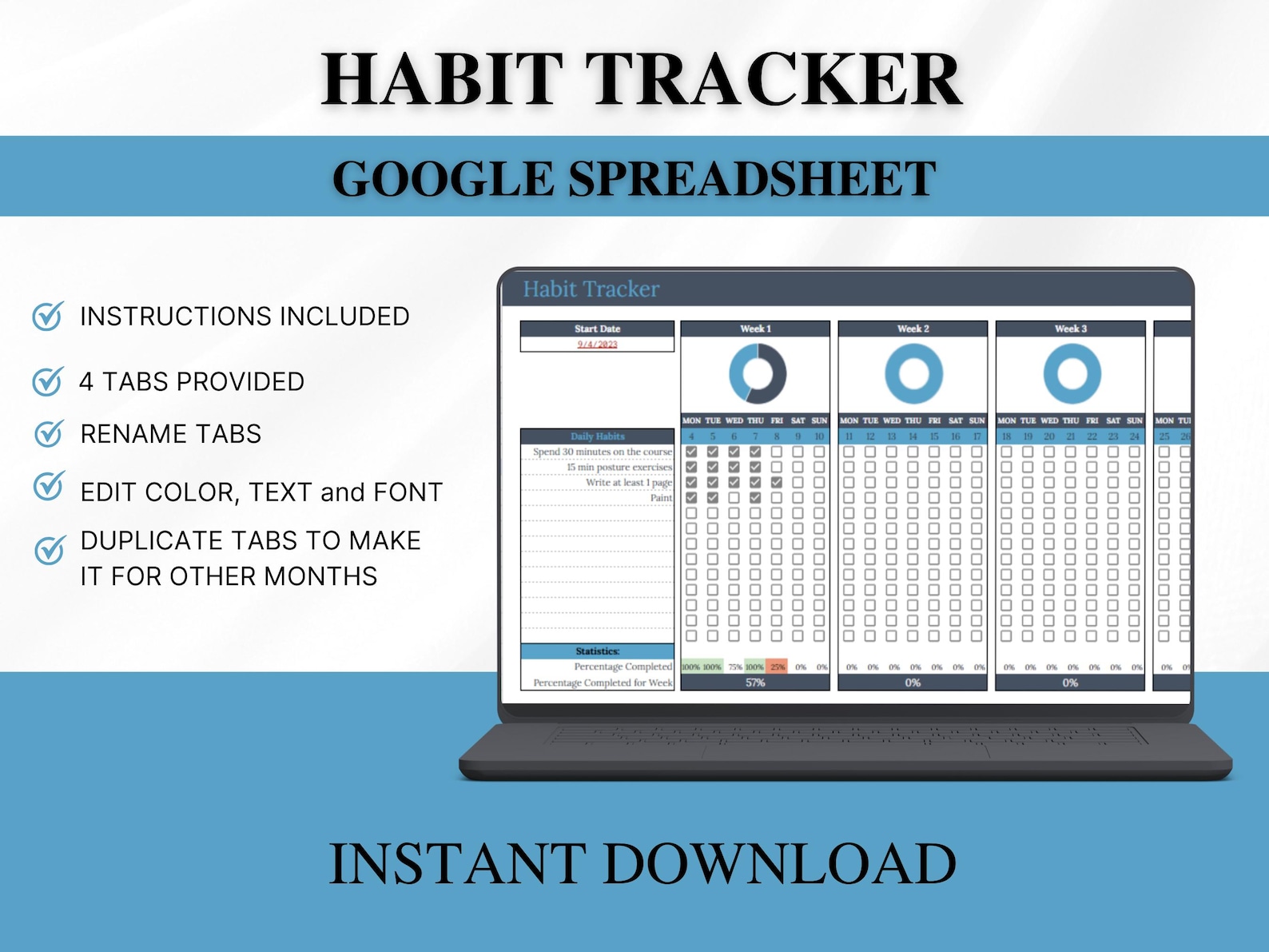 Habit Tracker Spreadsheet Google Sheet Daily Weekly Monthly Habit ...