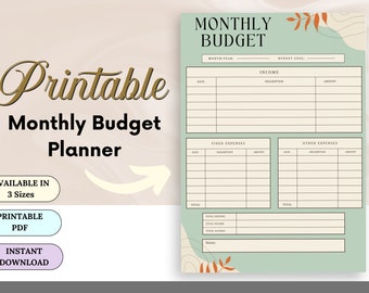 May include: Printable monthly budget planner with sections for income, fixed expenses, and other expenses. The planner has a green background with brown and orange floral accents.
