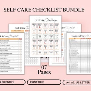 Puede incluir: Un paquete de listas de verificación de autocuidado y un desafío de 30 días, con el texto "SELF CARE CHECKLIST BUNDLE". El paquete incluye 7 páginas, con opciones A4, A5 y US Letter. Las palabras "USER FRIENDLY" y "PRINTABLE" también son visibles.
