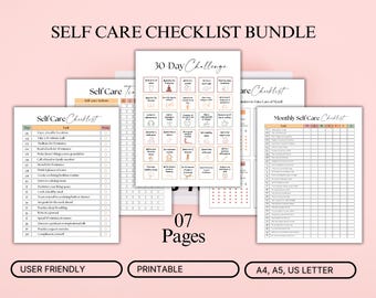 Self Care Checklist Bundle | 7 Pages Wellness Planner | 30 Day Challenge, Daily & Monthly Self Care Tracker| Mental Health | mindfulness log
