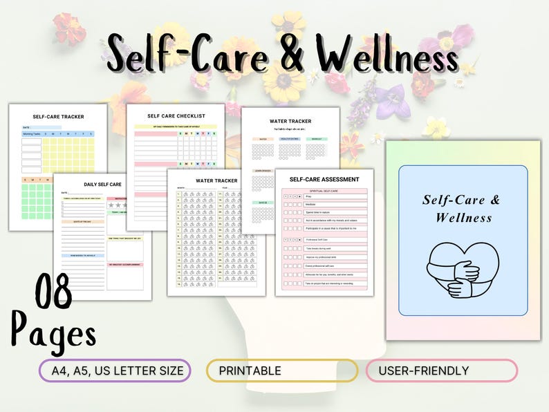 May include: Printable self-care and wellness planner with 8 pages. The planner includes trackers for water intake, self-care checklist, daily self-care, and a self-care assessment. The cover features a light blue background with a heart and hands illustration. The planner is available in A4, A5, and US letter sizes.