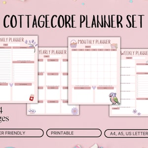 Puede incluir: Un conjunto de planificador Cottagecore con cuatro páginas, que incluye planificadores diarios, mensuales, anuales y semanales. Las páginas son de color rosa claro con ilustraciones bonitas y el texto "USER FRIENDLY", "PRINTABLE" y "A4, A5, US LETTER".