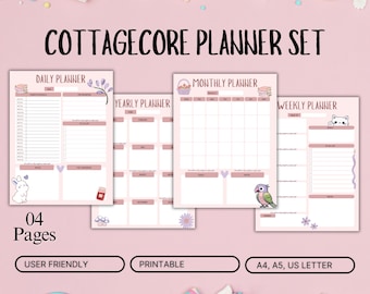 Ensemble d'agendas Cottagecore | Agenda imprimable quotidien, hebdomadaire, mensuel, annuel de 4 pages | Papeterie esthétique Cottagecore | A4, A5 et lettre US