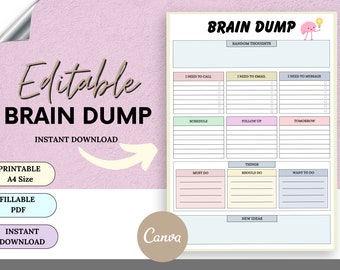 Brain Dump Journal, Thought Organizer, Brain Dump Productivity Planner, ADHD Thought Journal, Printable Organization planner, Fillable pdf