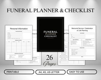 Funeral Planner & Checklist Printable | End of Life Organize | Celebration of Life Planner | A4, A5, US Letter | Digital Download | 26 Pages