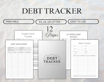 Puede incluir: Un rastreador de deudas imprimible con 12 páginas, que incluye rastreadores de tarjetas de crédito, de pago de deudas y de pago en 52 semanas. El diseño es fácil de usar y está disponible en tamaños A4, A5 y US Letter. El título "DEBT TRACKER" se muestra.