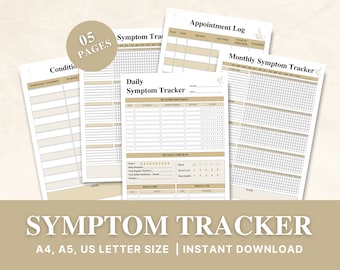 Symptom Tracker Afdrukbaar, medische gezondheidsmonitoring, symptoomregistratie, chronische pijnziekte, gezondheidsdagboek, vermoeidheidstracker, medisch bindmiddel