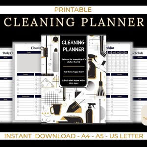 May include: Printable cleaning planner with 20+ templates. The cover features a black and white geometric design with cleaning supplies, including a broom, spray bottle, and a bucket. The text "CLEANING PLANNER" is in gold lettering.