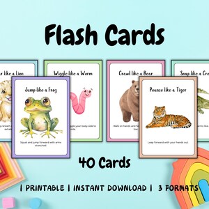 K&ouml;nnte beinhalten: Ein Satz von 40 druckbaren Flashcards mit bunten Illustrationen von Tieren und Anweisungen, ihre Bewegungen nachzuahmen. Die Karten enthalten Anweisungen wie "Br&uuml;lle wie ein L&ouml;we", "Wackle wie ein Wurm", "Krieche wie ein B&auml;r", "Sprich wie ein Frosch", "St&uuml;rze dich wie ein Tiger" und "Schnappe wie ein Krokodil".