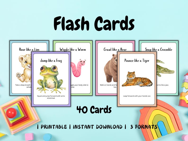 K&ouml;nnte beinhalten: Ein Satz von 40 druckbaren Flashcards mit bunten Illustrationen von Tieren und Anweisungen, ihre Bewegungen nachzuahmen. Die Karten enthalten Anweisungen wie "Br&uuml;lle wie ein L&ouml;we", "Wackle wie ein Wurm", "Krieche wie ein B&auml;r", "Sprich wie ein Frosch", "St&uuml;rze dich wie ein Tiger" und "Schnappe wie ein Krokodil".