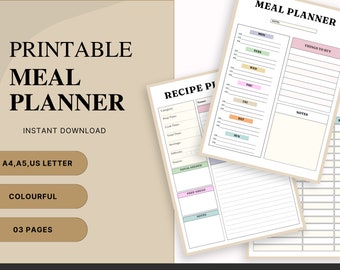 Meal Planner Printable, Weekly Food Diary, Meal Tracker, Food Journal, Menu Plan & Recipe planner, pantry Tracker