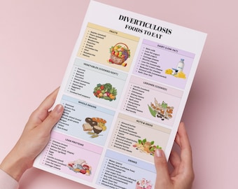 Diverticulitis Food List, Diverticulosis Diet Food Chart, Digestive & Gut Health Diet Food Guide Grocery List, Dietary Cheat Sheet for GI