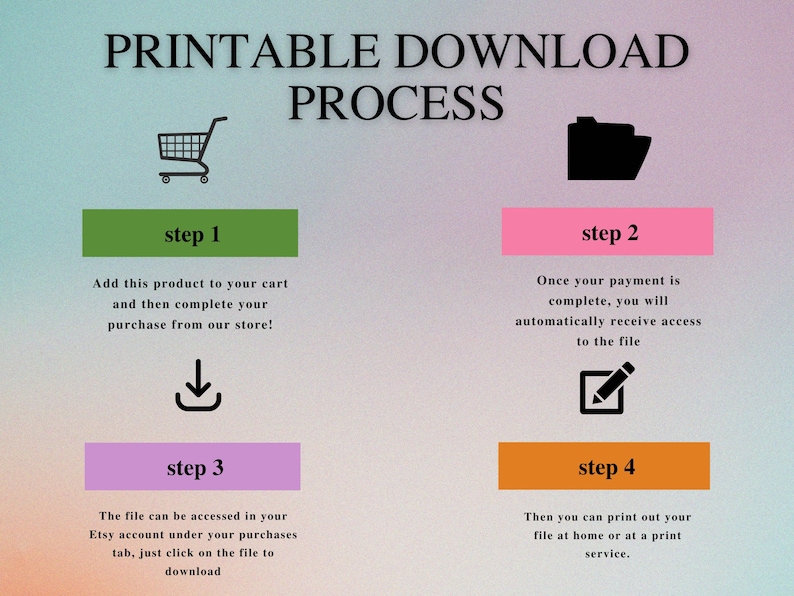 May include: A four-step printable download process is illustrated with icons. Step 1: Add to cart. Step 2: Complete payment. Step 3: Access file. Step 4: Print.