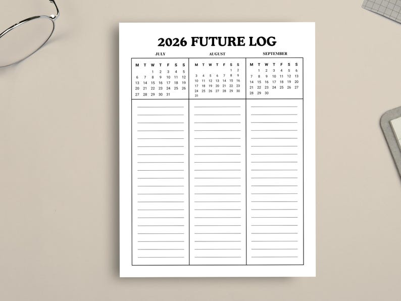 May include: A white 2026 Future Log planner with a calendar for July, August, and September. The planner has lined sections for notes. The text "2026 FUTURE LOG" is at the top.