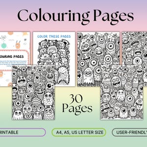 May include: A set of 30 printable coloring pages featuring black and white illustrations of whimsical monsters. The pages are designed for A4, A5, and US letter size paper. The text "Color These Pages" is visible at the top of one of the pages.
