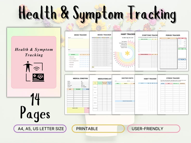 May include: Printable health and symptom tracking journal with 14 pages. The journal includes trackers for mood, habits, symptoms, periods, medical conditions, medications, doctor visits, and stress.