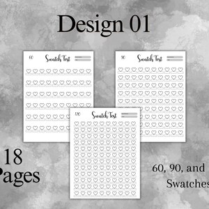 May include: Three white pages with heart-shaped swatch tests. The pages are labeled with "60", "90", and "120" swatches. The image also includes the text "Design 01", "18 Pages", and "60, 90, and 120 Swatches".