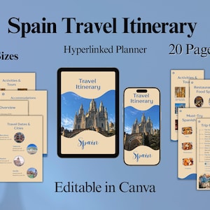 Spanien Reiseplan | Bearbeitbarer Digitaler Reiseplaner | 20-seitige Hyperlink-Vorlage | Canva Reiseplan | Ausflug-Führer | Sofort Download