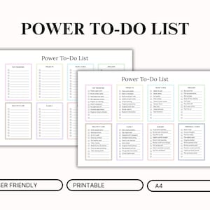 May include: Two "Power To-Do List" printable sheets. Each sheet has sections for top priorities, projects, home tasks, and more. The sheets are labeled "User Friendly", "Printable", and "A4".