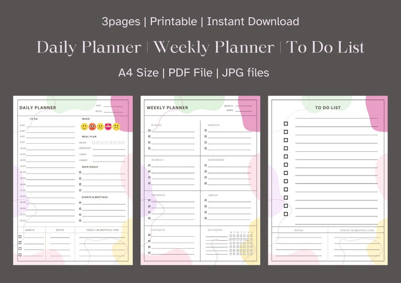 Op de afbeelding: Drie printbare plannerpagina's in A4-formaat, met een dagplanner, weekplanner en to-dolijst. Elke pagina heeft een lichte achtergrond met kleurrijke abstracte vormen en lijnen. De dagplanner bevat een moodtracker, een maaltijdplan en ruimte voor hoofddoelen, evenementen en vergaderingen. De weekplanner heeft secties voor elke dag van de week. De to-dolijst heeft een sectie voor notities en een ruimte om "dingen waar ik dankbaar voor ben" te schrijven.