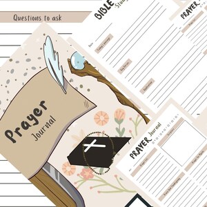 以下が含まれることがあります： ニュートラルなカラーパレットのイラスト入りジャーナルページのコラージュ。「Prayer Journal」と「Bible Study」の文字と、プロンプトと罫線スペースが含まれています。装飾要素には、羽、十字架、フローラルアクセントが含まれています。