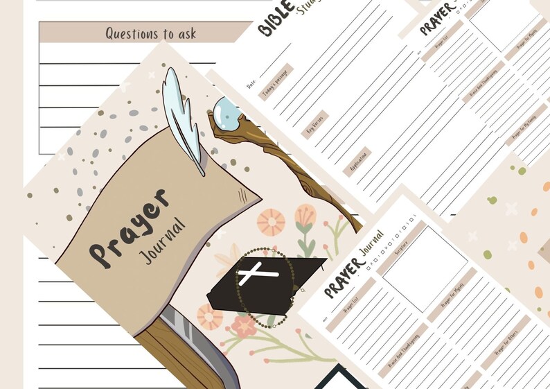 以下が含まれることがあります： ニュートラルなカラーパレットのイラスト入りジャーナルページのコラージュ。「Prayer Journal」と「Bible Study」の文字と、プロンプトと罫線スペースが含まれています。装飾要素には、羽、十字架、フローラルアクセントが含まれています。
