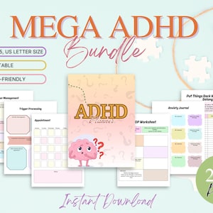 Może przedstawiać: Zestaw drukowanych planerów ADHD z ponad 270 stronami. Okładka przedstawia kreskówkowe mózg z pytajnikami i tekstem "Planer ADHD". Zestaw zawiera strony do zarządzania gniewem, przetwarzania wyzwalaczy, spotkań, dziennika lęku i wiele innych.